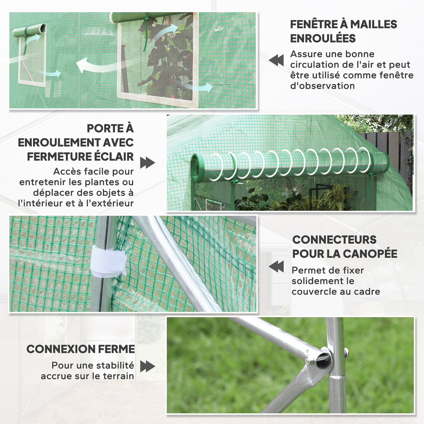 Serre tunnel de jardin 8m², serre de jardin tunnel avec 1 porte et 6 fenêtres, bâche PE 140g/m² 400x200x200cm vert