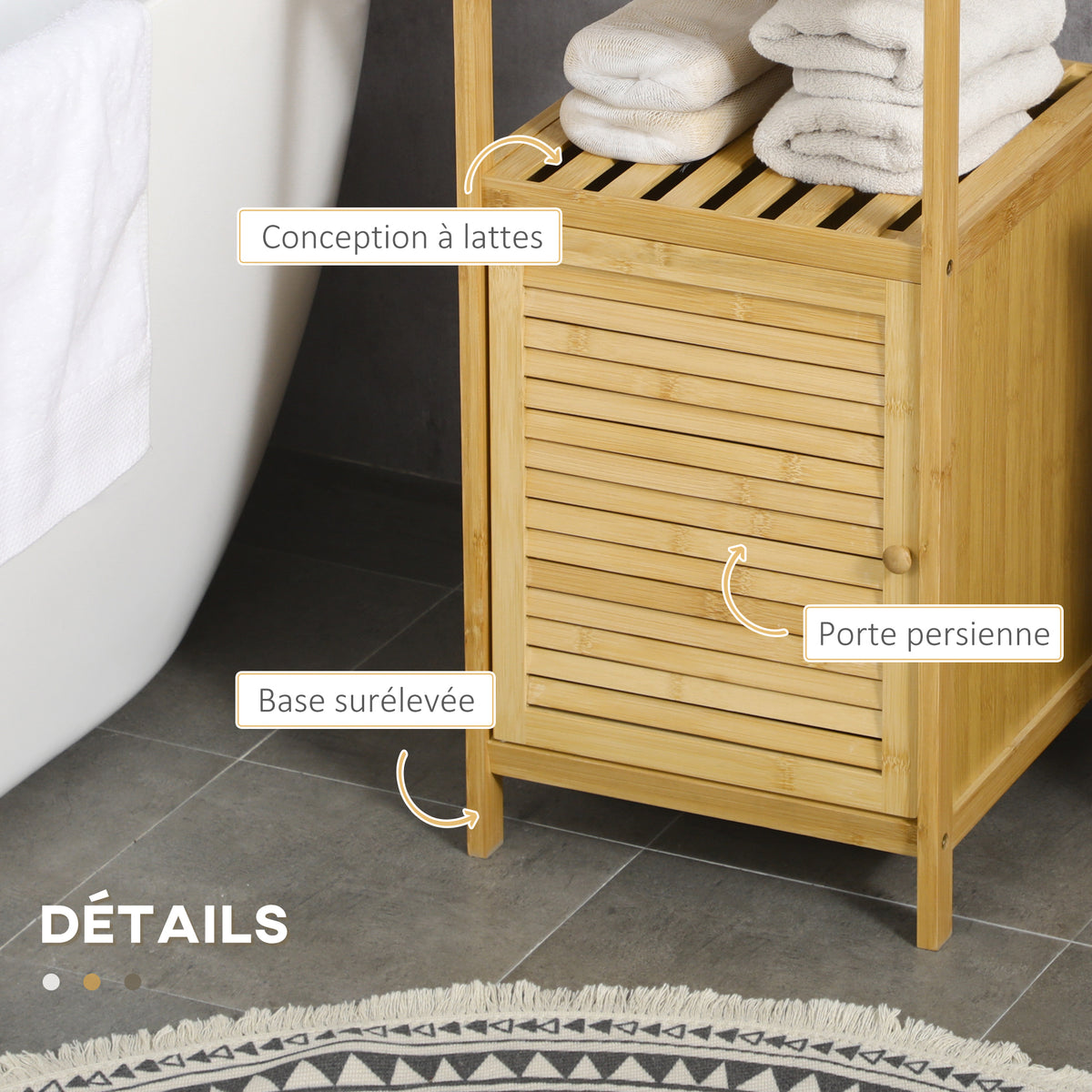 Meuble de rangement pour salle de bain en bambou 2 étagères et 1 placard avec porte 33 x 36,5 x 67 cm naturel