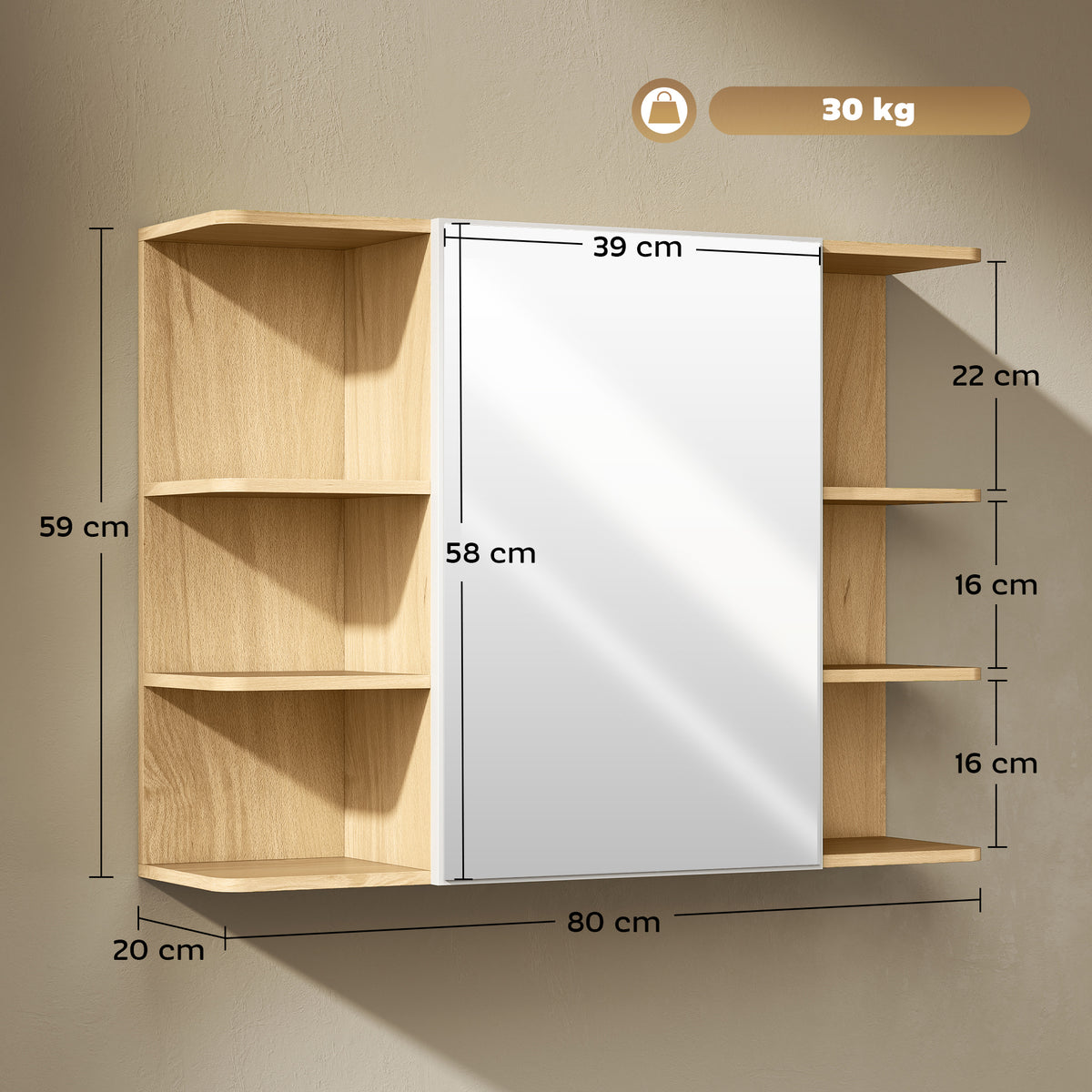 Armoire murale salle de bain avec miroir, meuble salle de bain avec étagères ouvertes, 80 x 20 x 59 cm, bois naturel