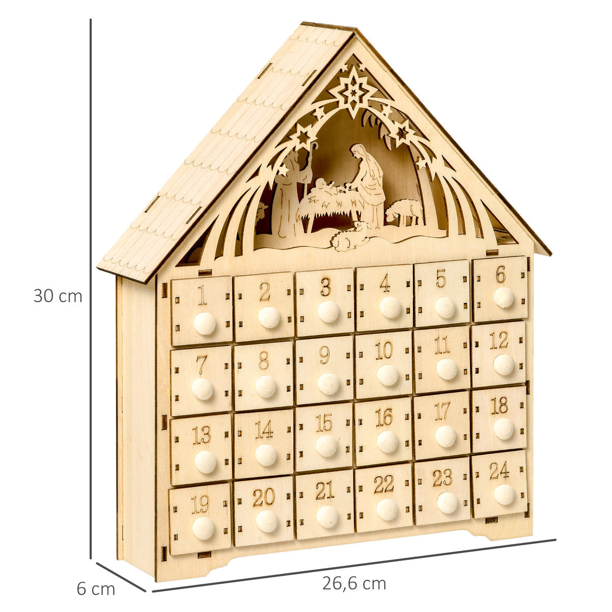 Calendario dell'Avvento in legno da riempire, decorazione natalizia con 24 cassetti e 5 luci LED, 26,6x6x30cm, legno naturale