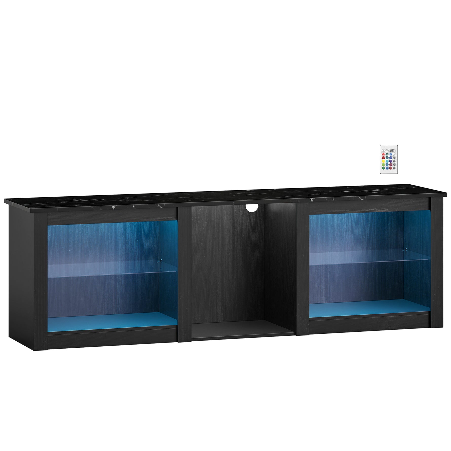Meuble TV avec éclairage LED pour télévision jusqu'à 70 pouces, 160cm avec étagères en verre réglables, noir