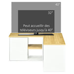 Meuble TV d'angle banc télévision jusqu'à 40 pouces avec rangements aspect bois clair et blanc