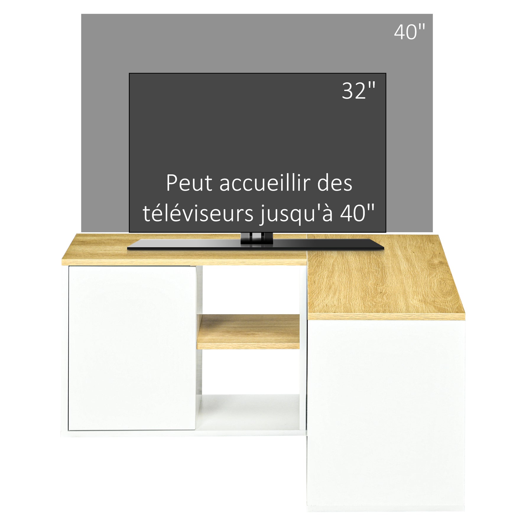 Meuble TV d'angle banc télévision jusqu'à 40 pouces avec rangements aspect bois clair et blanc