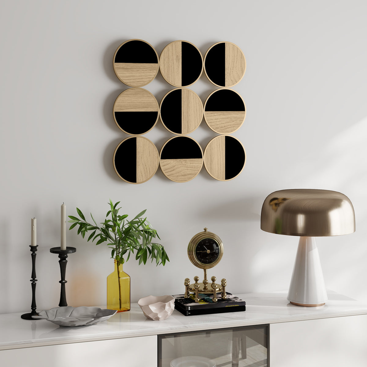 Wanddekoration aus Metall, Wandskulptur aus Metall, einzigartiges Design mit mehreren Scheiben, 60 x 60 cm, natur und schwarz