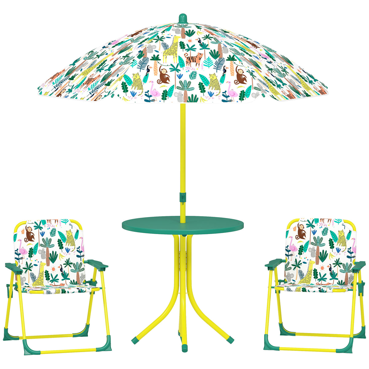 Children's Outdoor Patio Set with 2 Folding Chairs and Parasol, Jungle Theme, for Garden, Terrace, Green