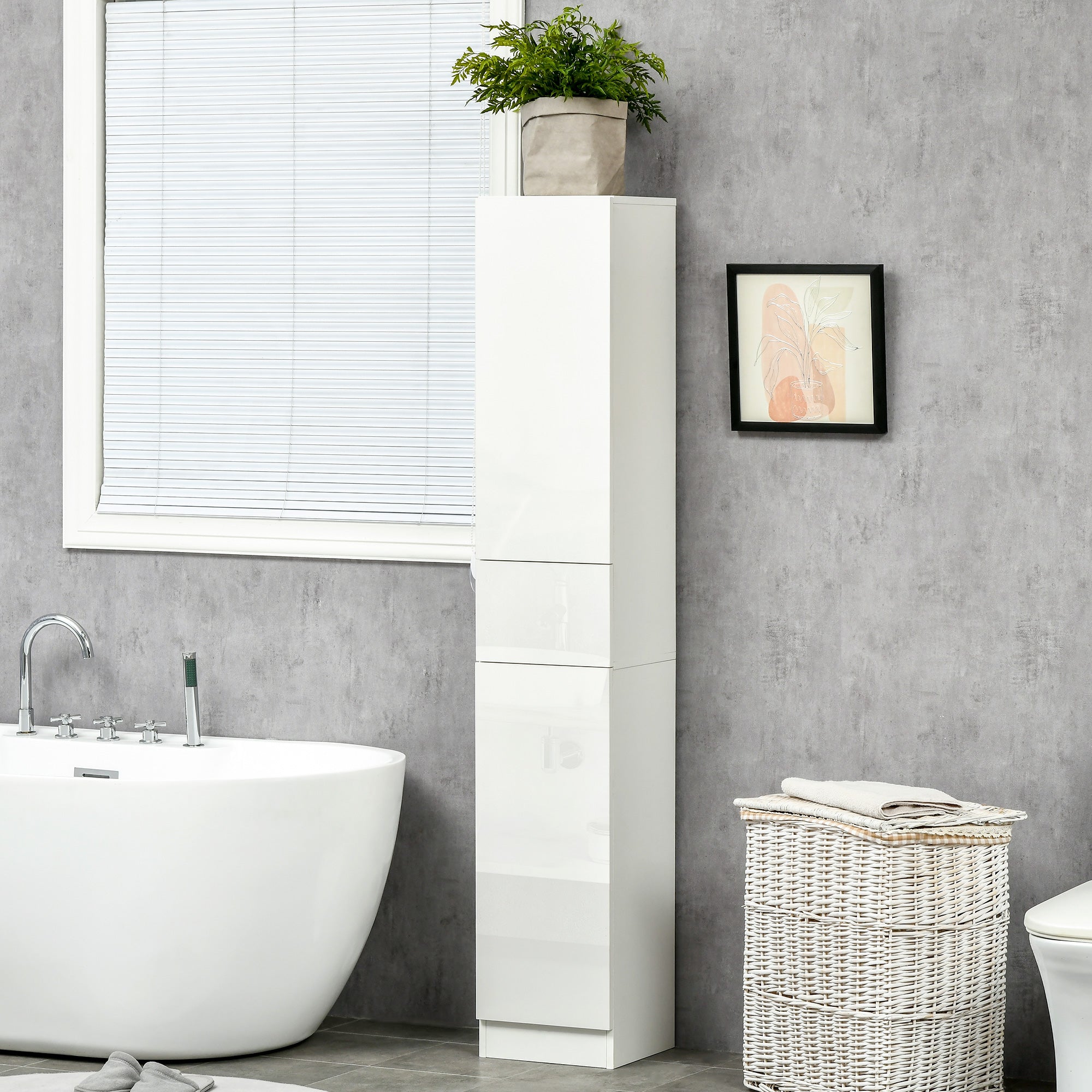 Meuble colonne rangement salle de bain style contemporain 2 placards 3 étagères et 1 tiroir coulissant panneaux particules brillant dim. 30l x 28P x 170H cm blanc laqué