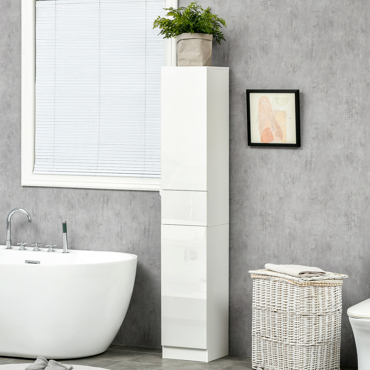 Meuble colonne rangement salle de bain style contemporain 2 placards 3 étagères et 1 tiroir coulissant panneaux particules brillant dim. 30l x 28P x 170H cm blanc laqué