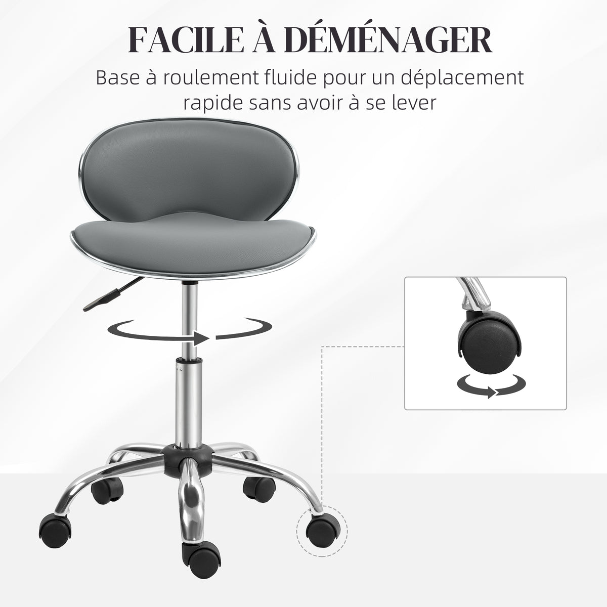Tabouret à roulettes tabouret de travail avec hauteur réglable 44-56 cm et dossier, pivotant 360°, gris