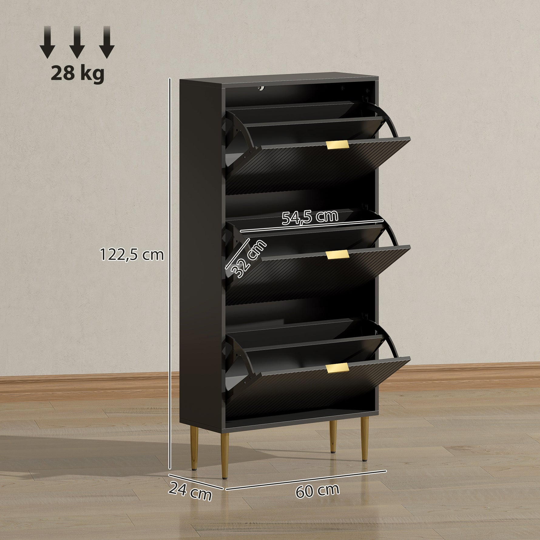Meuble à chaussures 18 paires avec 3 tiroirs rabattables, portes cannelées et étagères réglables, 60x24x122,5cm, noir