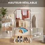 Étendoir à Linge 3 Niveaux, Sechoir a Linge avec 6 Roulettes, Pliable, Cadre en Acier Inoxydable et Ailes Latérales, pour Intérieur Extérieur, 142 x 55 x 152 cm, Blanc