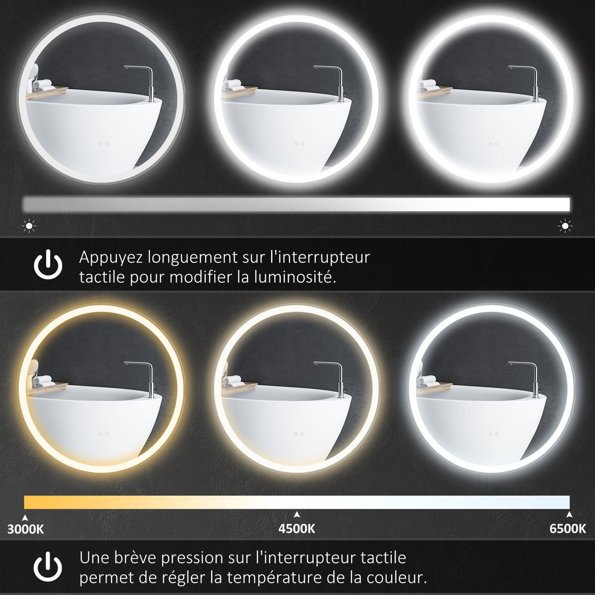 Miroir rond lumineux LED de salle de bain Ø 70 cm mural avec éclairage 3 couleurs interrupteur tactile 23W blanc argent