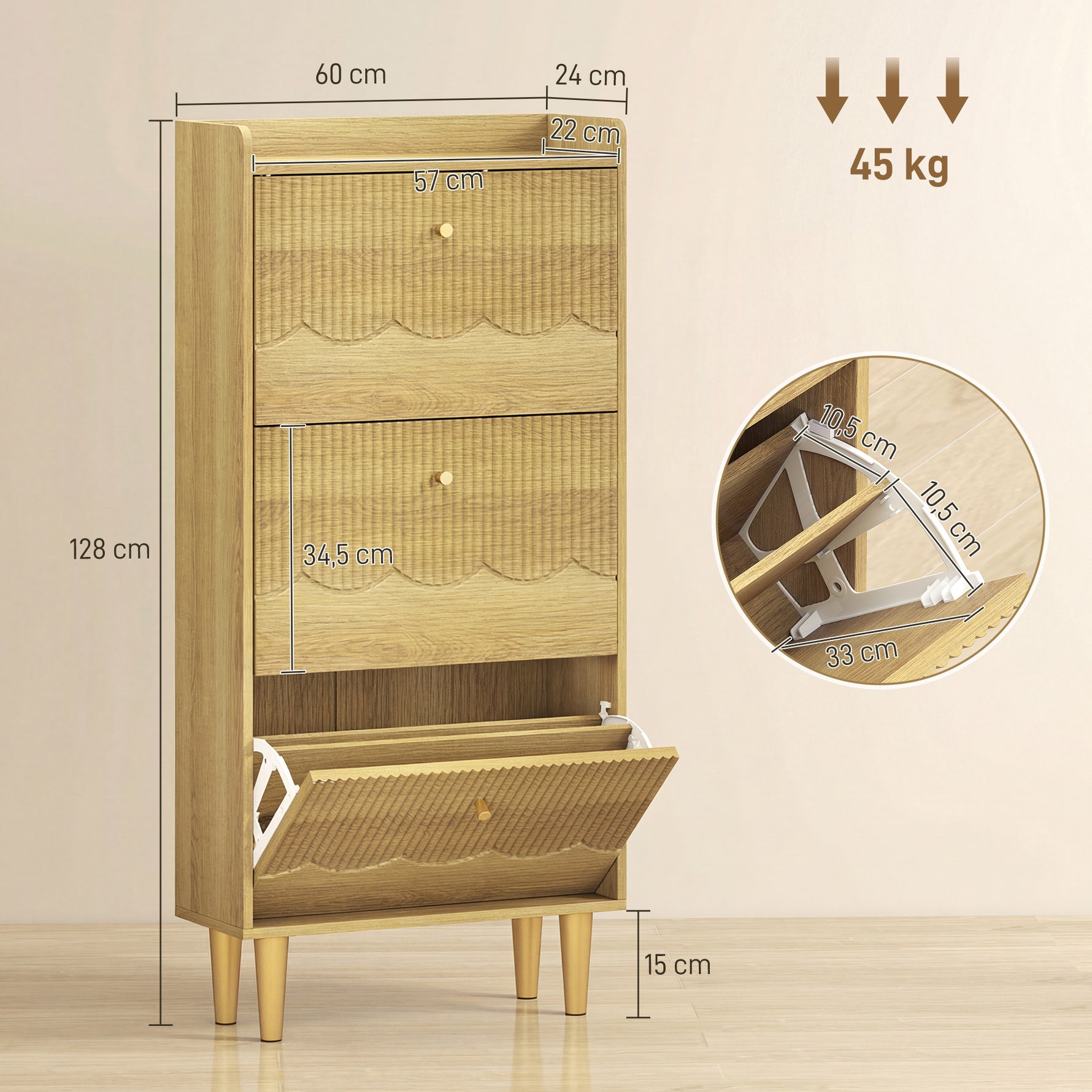 Meuble à chaussures 18 paires, armoire à chaussures étroite, 3 tiroirs rabattables étagères réglables, 60x24x128cm, chêne