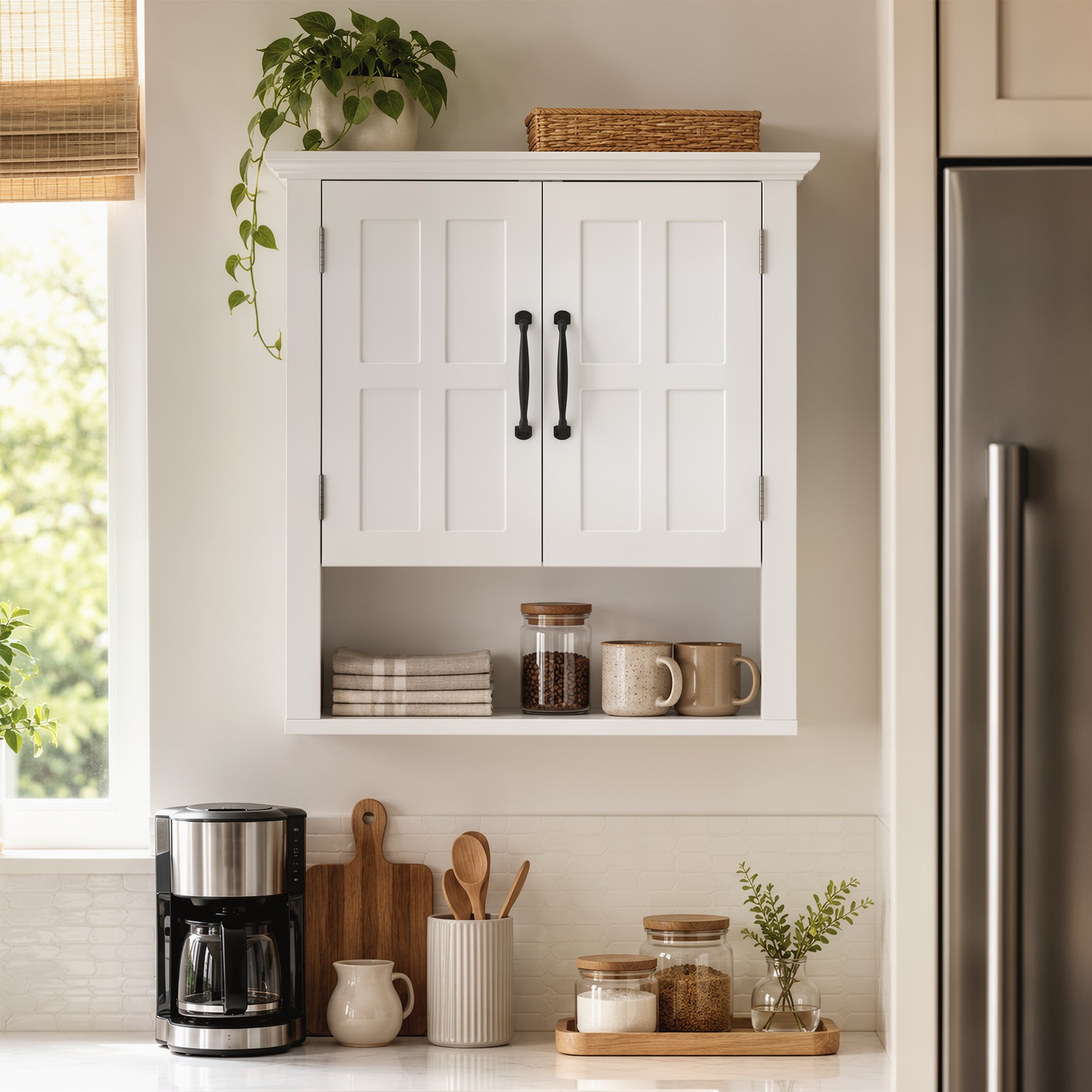 Armoire Haute Murale de Salle de Bain ou WC Placard 2 Portes 2 étagères Niche dim. 60L x 20l x 58H cm MDF Panneaux Particules Blanc