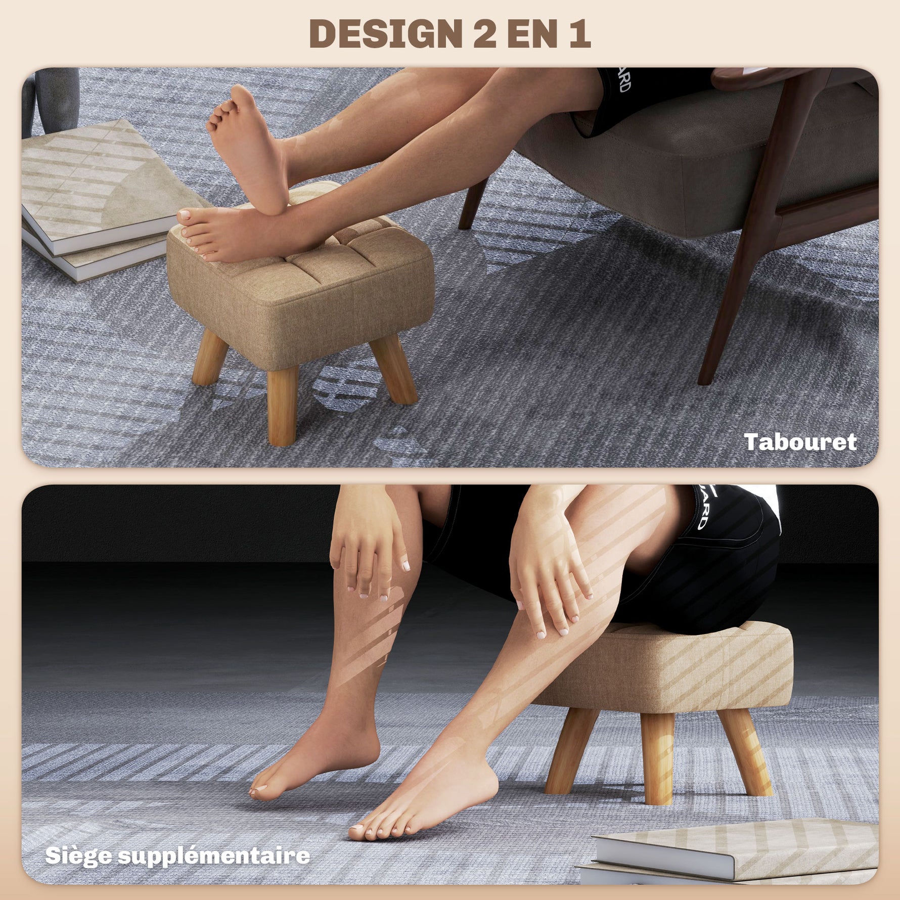 Repose pied salon ottoman siège rembourré en tissu avec pieds en bois 27 x 27 x 26 cm marron clair