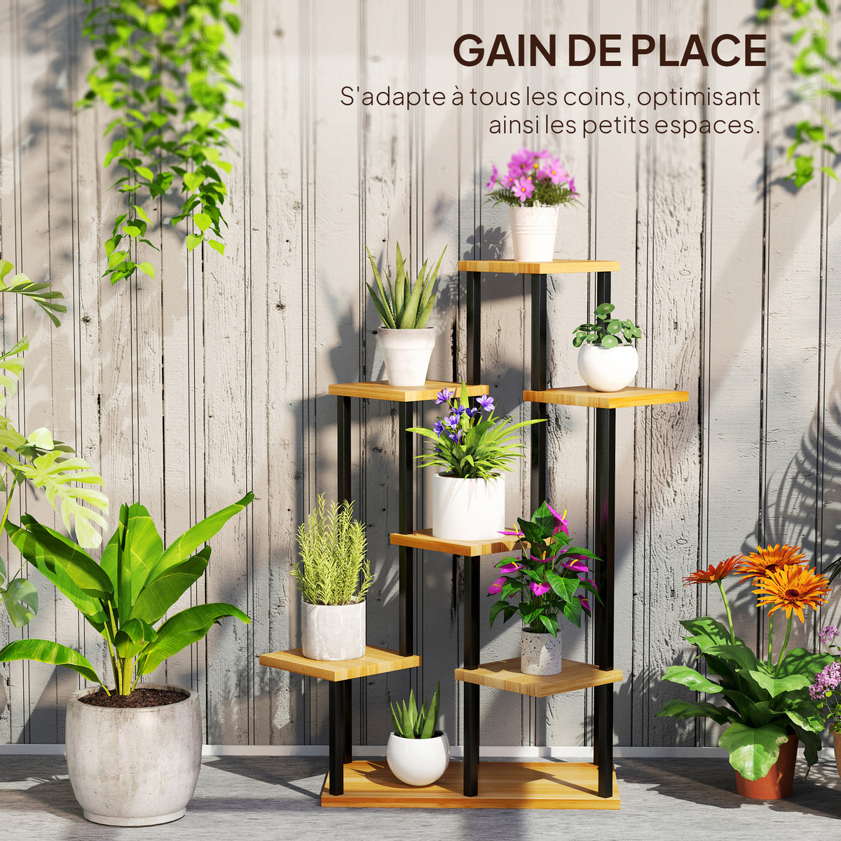 Support à plantes à 7 niveaux pour intérieur et extérieur, étagère plante en acier et bois, bois naturel