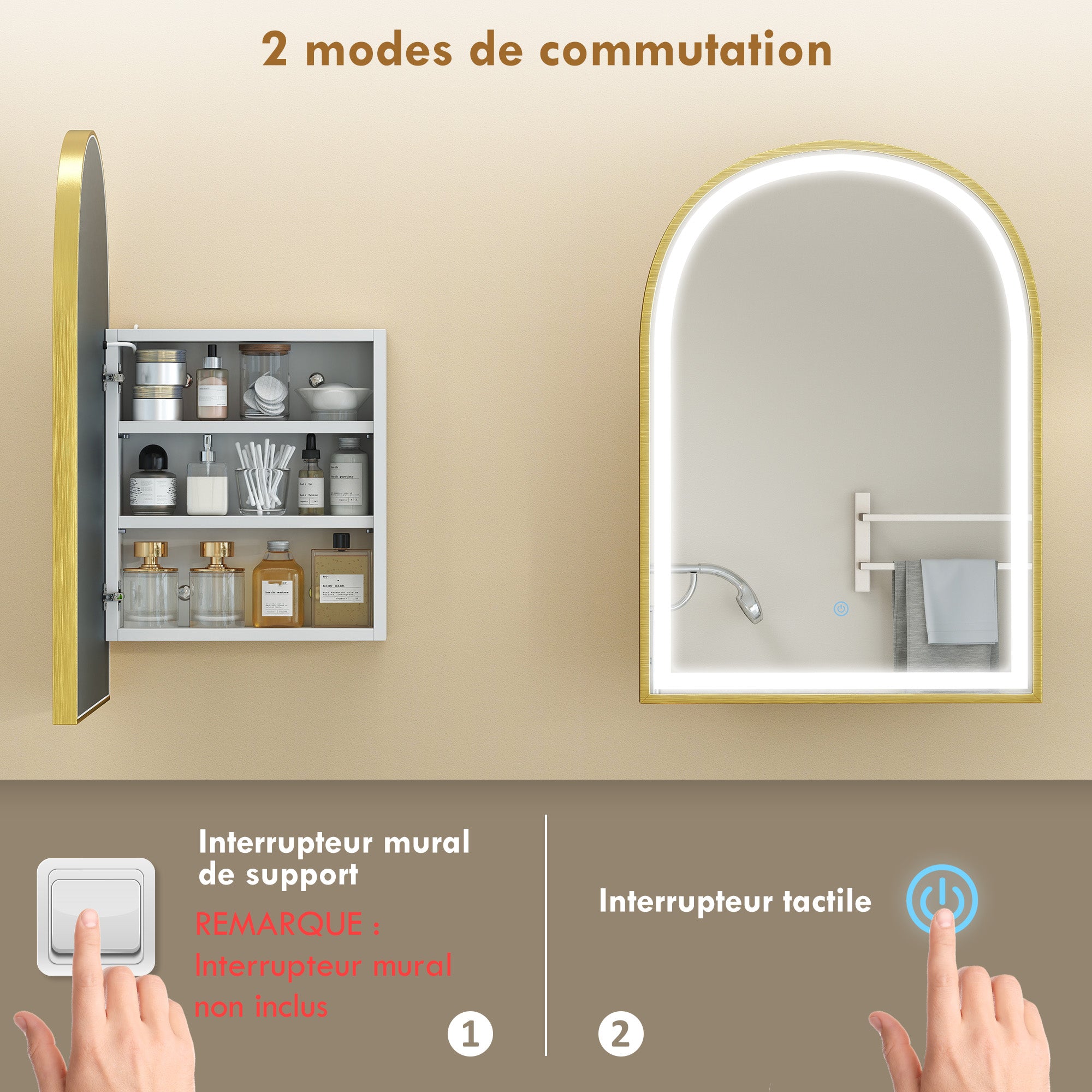 Armoire murale salle de bain avec miroir et éclairage LED, porte arquée, anti-buée, 50x14,5x70cm, doré