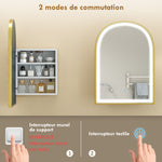 Armoire murale salle de bain avec miroir et éclairage LED, porte arquée, anti-buée, 50x14,5x70cm, doré