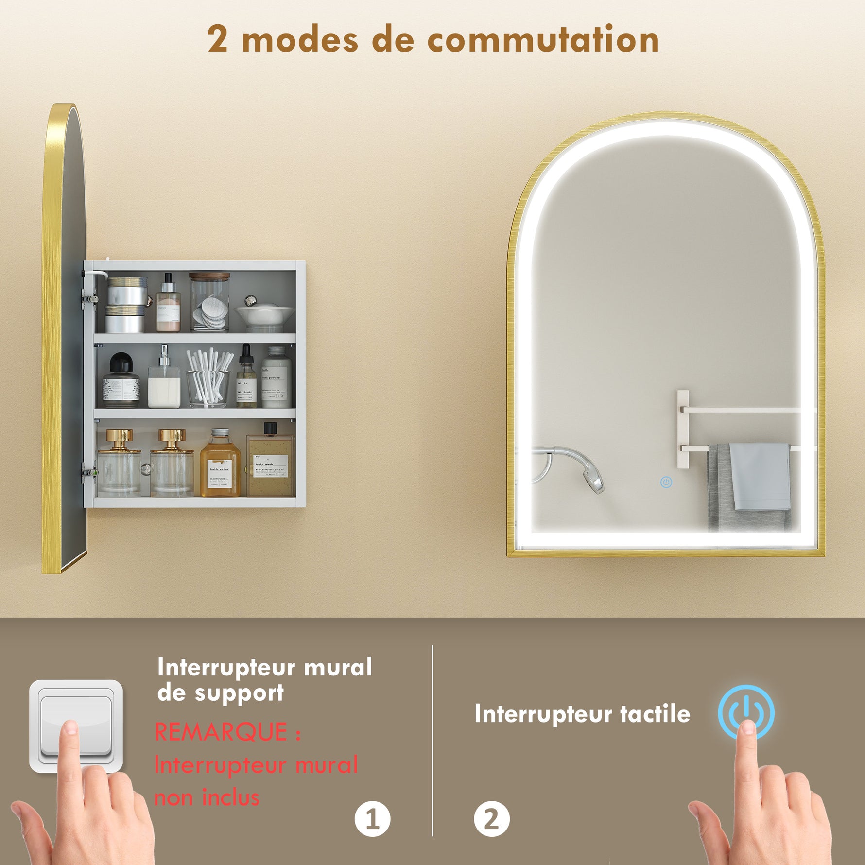 Armoire murale salle de bain avec miroir et éclairage LED, porte arquée, anti-buée, 50x14,5x70cm, doré