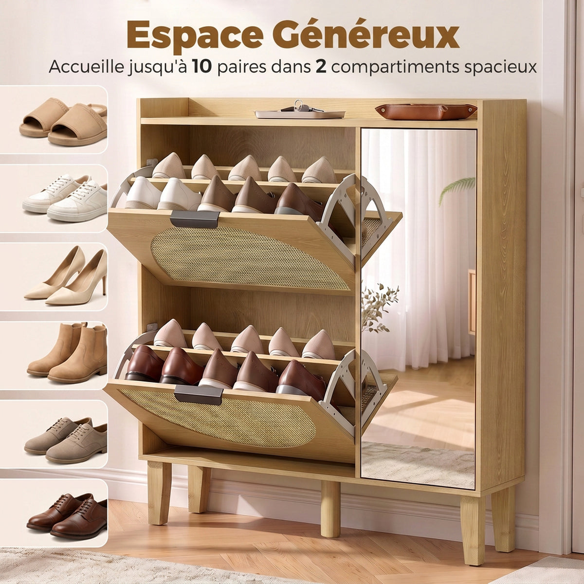 Meuble à Chaussures 10 Paires, Armoire à Chaussures, Porte en Miroir, 2 Tiroirs Rabattables et Étagères Réglables, Chêne