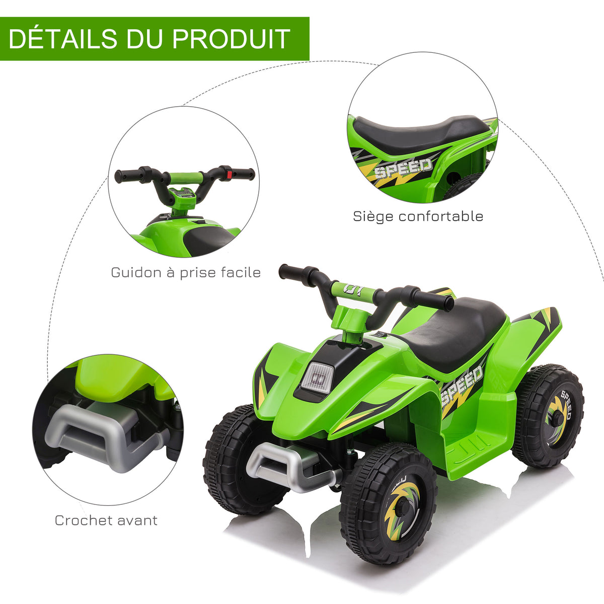Quad électrique pour enfants 18-36 mois véhicule à batterie 6V avec marche avant et arrière 72 x 40 x 45,5 cm vert