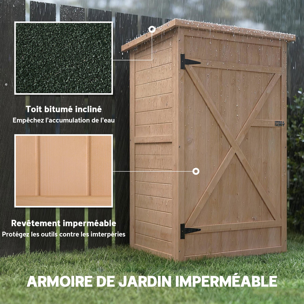 Armoire abri de Jardin Remise pour Outils Bois de Sapin pré-huilé Toit bitumé incliné - Grande Porte
