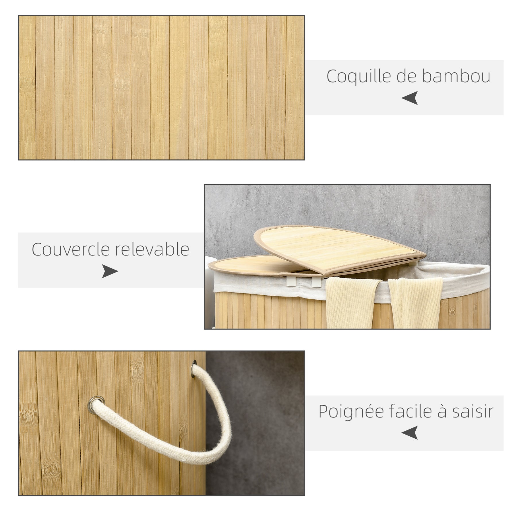 Panier à linge en bambou 100L avec 2 sections couvercle et sac amovible 62,5 x 37 x 60,5 cm - naturel