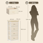 Commode 4 tiroirs en tissu, meuble de rangement avec 4 poches, 2 crochets, structure en acier, 45 x 30 x 94,5 cm, Beige