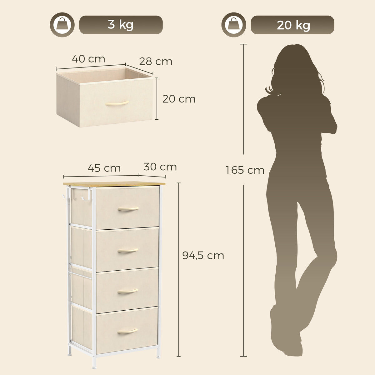 Commode 4 tiroirs en tissu, meuble de rangement avec 4 poches, 2 crochets, structure en acier, 45 x 30 x 94,5 cm, Beige
