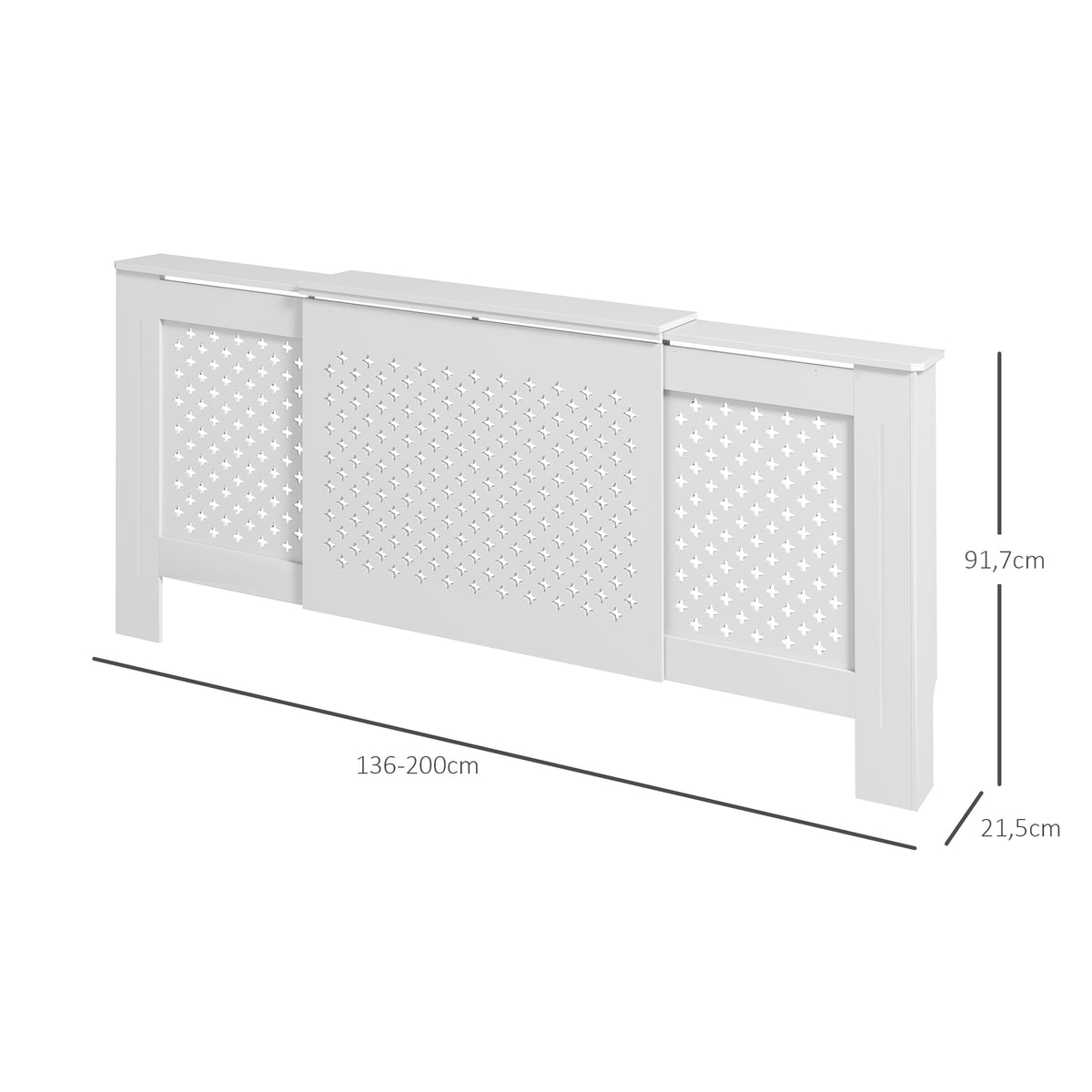 Verstelbare radiatorombouw modern design, uitschuifbare lengte 136-200 x 21,5 x 91,7 cm, wit