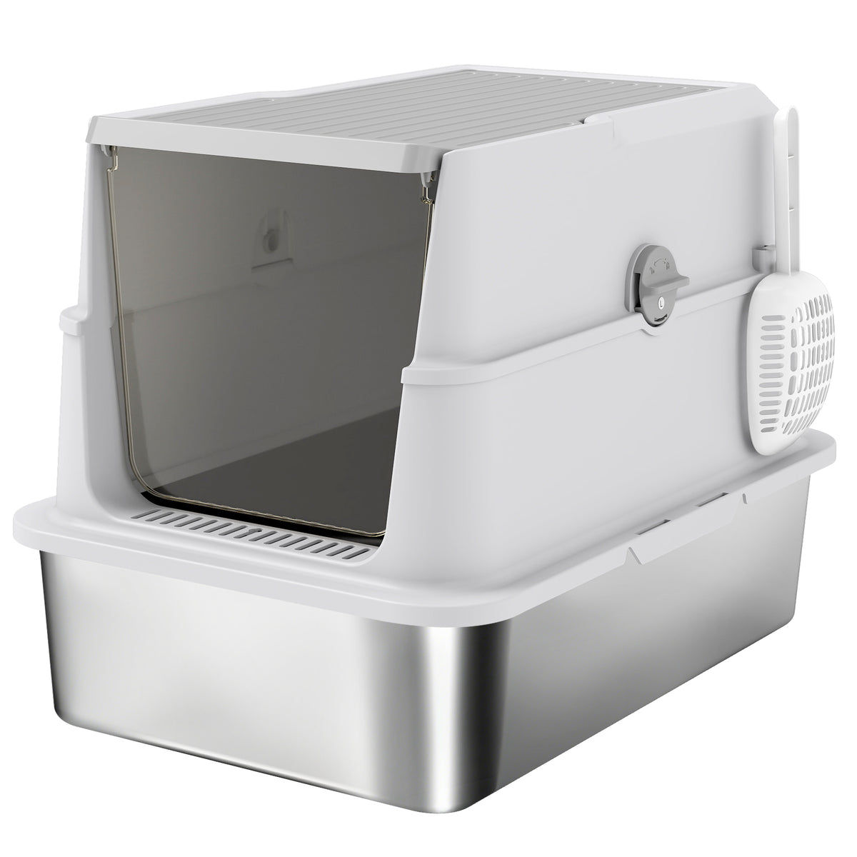 Bac à litière fermé XL en acier inoxydable, maison de toilette pour grand chat, 60,2 x 40,2 x 43,3 cm, gris clair
