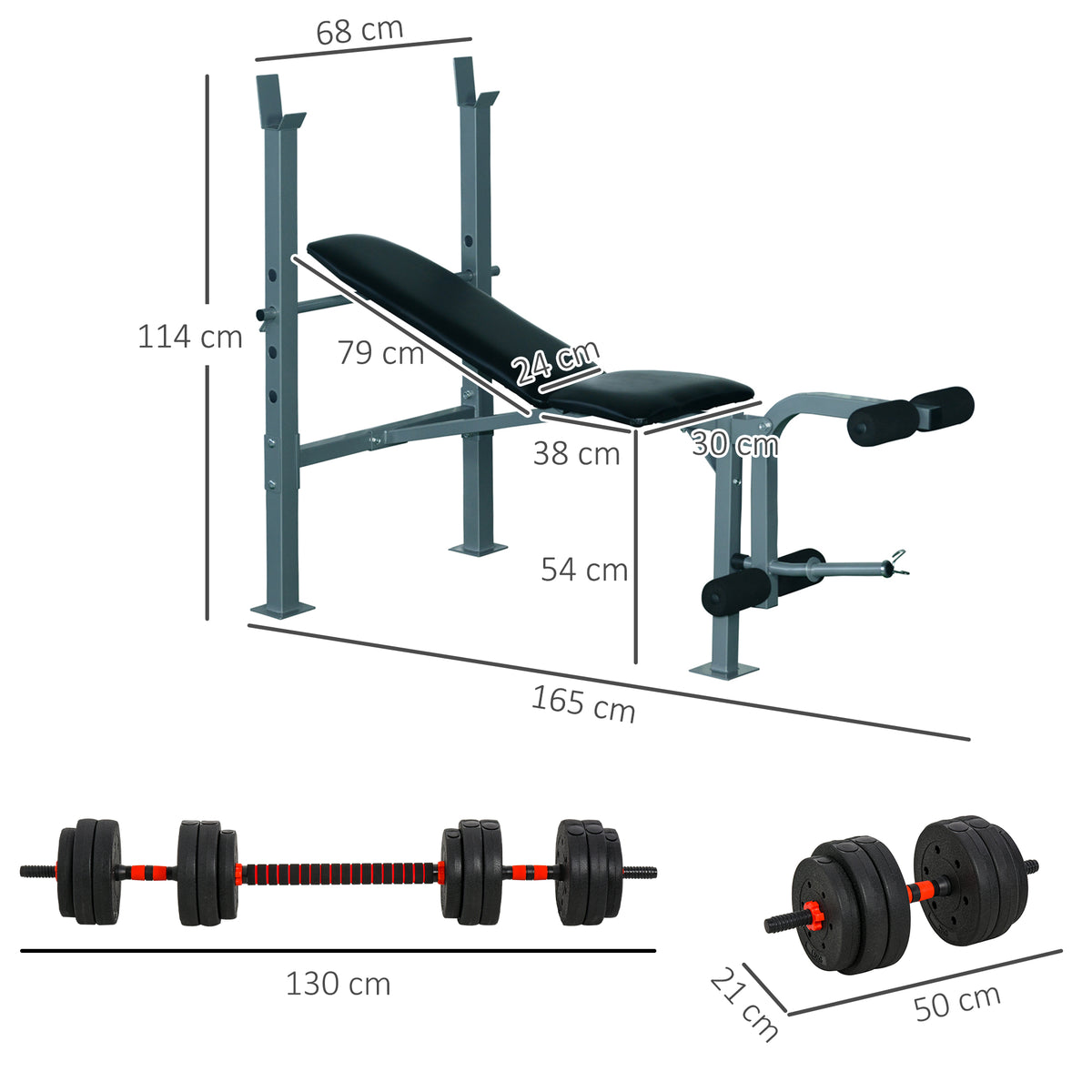 Lot de banc de musculation et haltères courtes total 25 Kg - dossier réglable haltères à poids réglable barres incluses