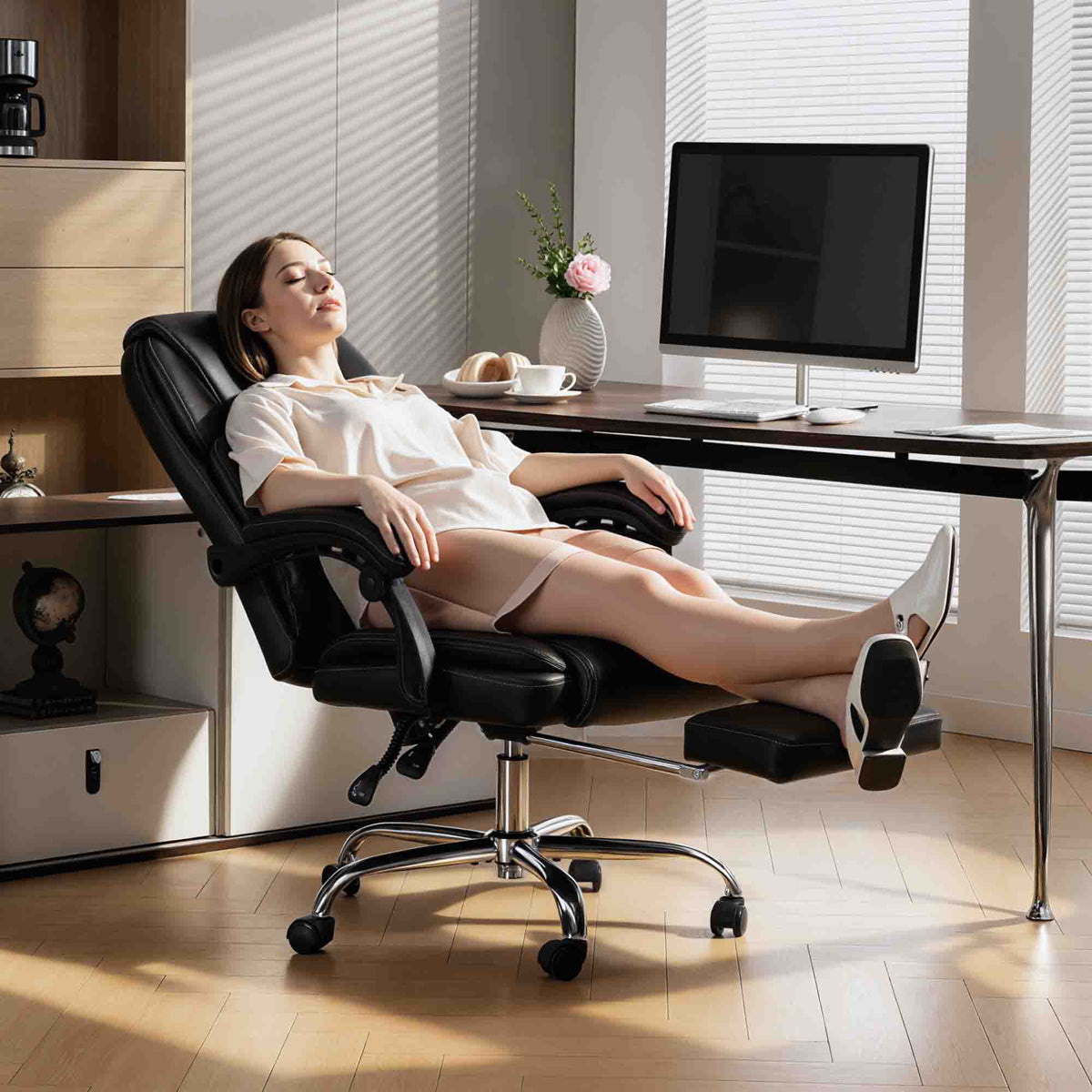 Chaise Bureau Ergonomique, Fauteuil de Bureau Inclinable, Assise rembourrée en PU, Hauteur Réglable, Noir