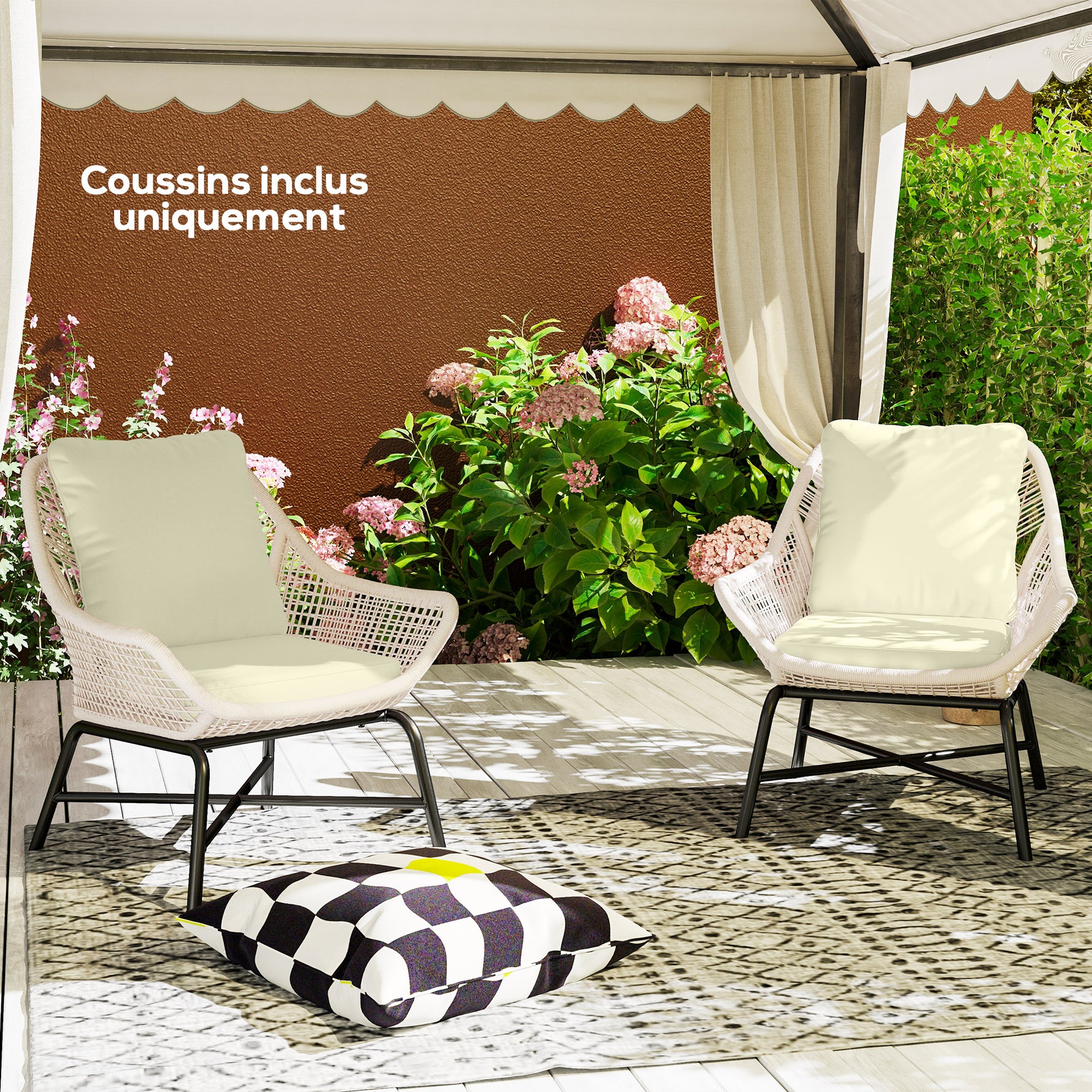 Ensemble de 2 coussins d'assise avec dossier, coussin d'assise et de dossier extérieur et intérieur, crème