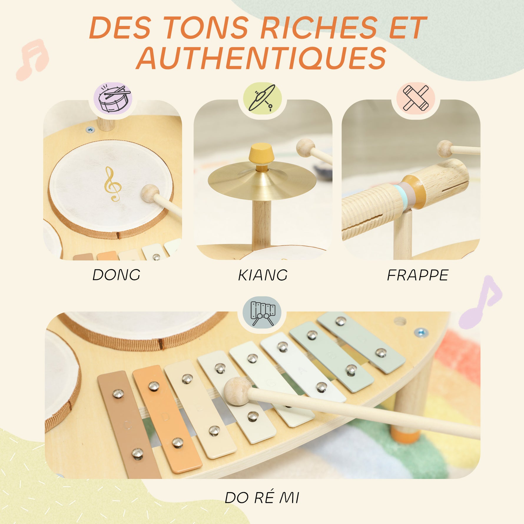 Jeux de Tambours pour Bébé, Tambour bébé avec Xylophone pour Tout-Petits, Instruments de Musique en Bois, Naturel