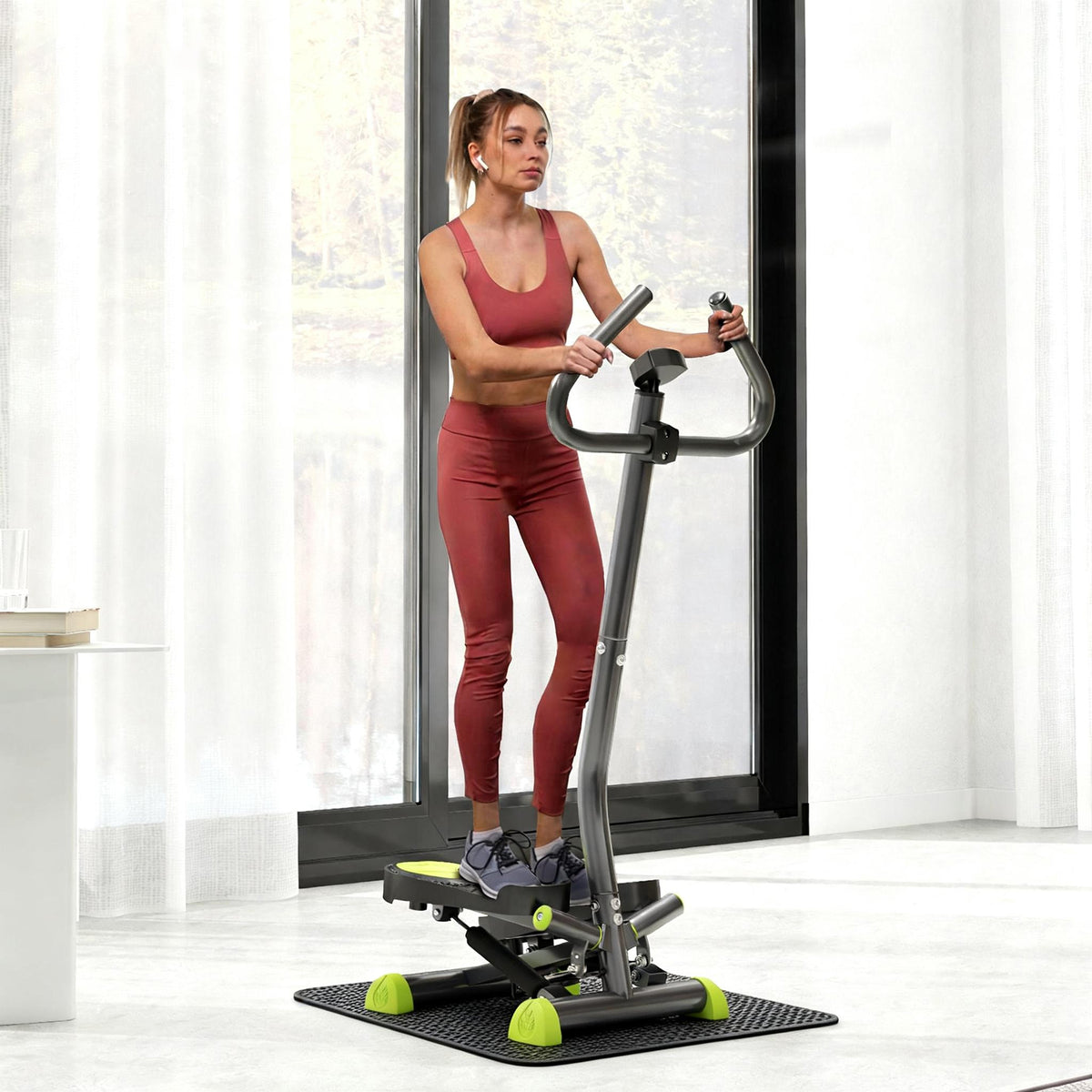 Stepper avec guidon stepper fitness appartement écran LCD résistance réglable acier gris vert noir