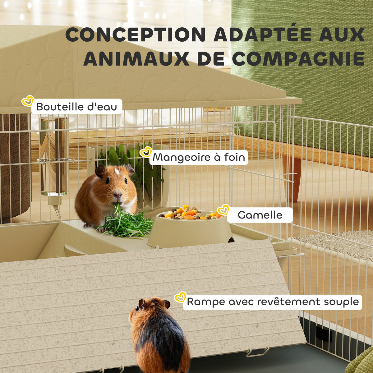 Cage cochon d'inde cage pour petits animaux avec parc amovible tapis imperméable mangeoire à foin 108 x 71 x 57 cm beige