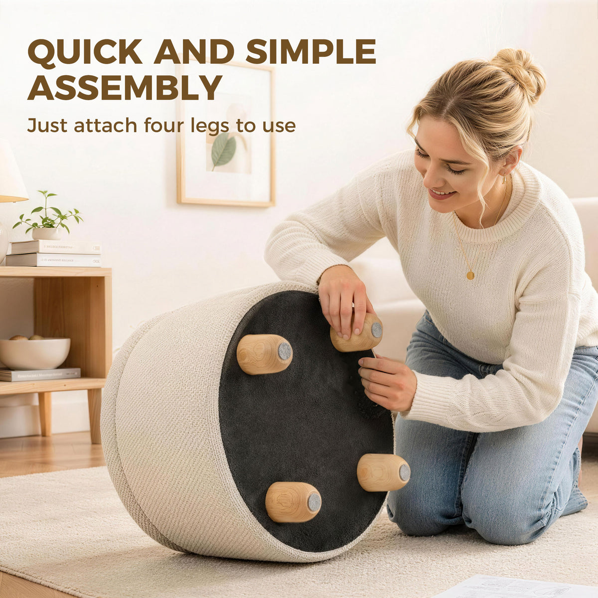 Ronde opbergpoef van jute, voetenbankje met deksel, poten van rubberwood, beige