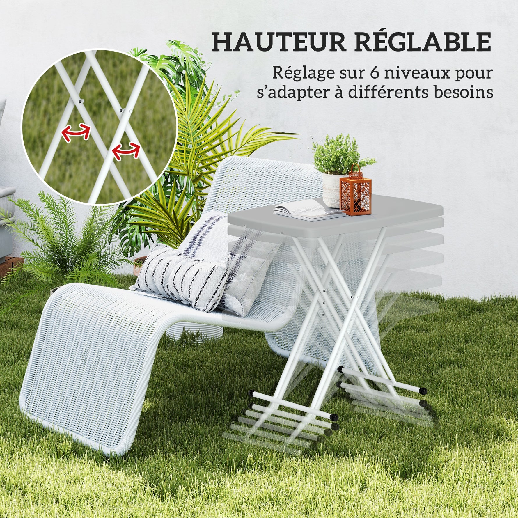 Table d'appoint pliable en HDPE table pliante hauteur réglable sur 6 niveaux pour patios jardins 76 x 50 x 74 cm gris