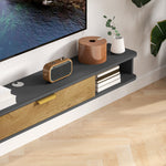 Meuble TV suspendu avec compartiments ouverts, porte rabattable et passe-câbles, 160 x 24 x 16 cm, gris