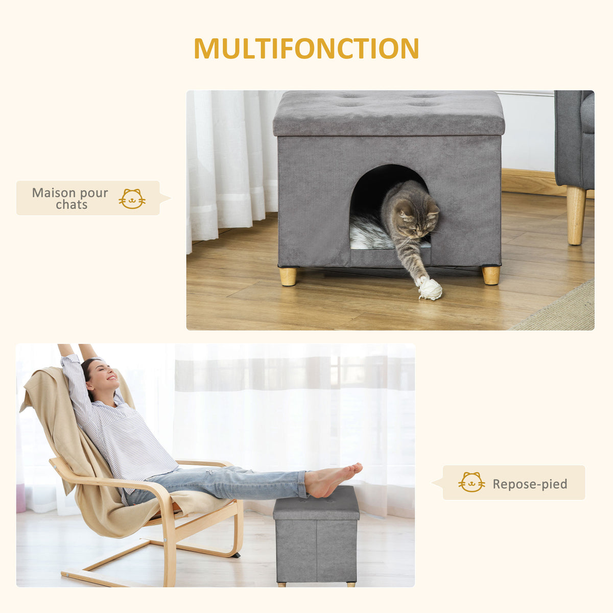 Niche chat maison de chat design surélevé avec coussin amoviable et lavable en peluche doux repose-pieds, dessus ouvrable, gris
