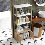 Colonne de salle de bain armoire de rangement en bambou 3 étagères 1 placard 63 x 30 x 138 cm bois naturel et blanc