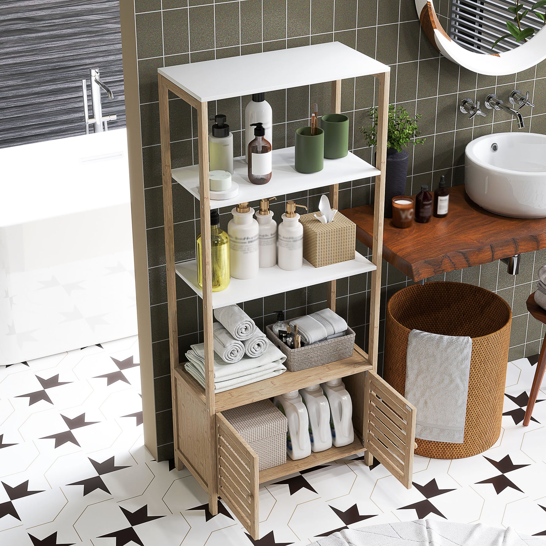 Colonne de salle de bain armoire de rangement en bambou 3 étagères 1 placard 63 x 30 x 138 cm bois naturel et blanc