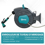 Enrouleur tuyau arrosage automatique pivotant 180° Tuyau 15 + 1,4 m avec Lance arrosage Support Mural intégré Turquoise Gris
