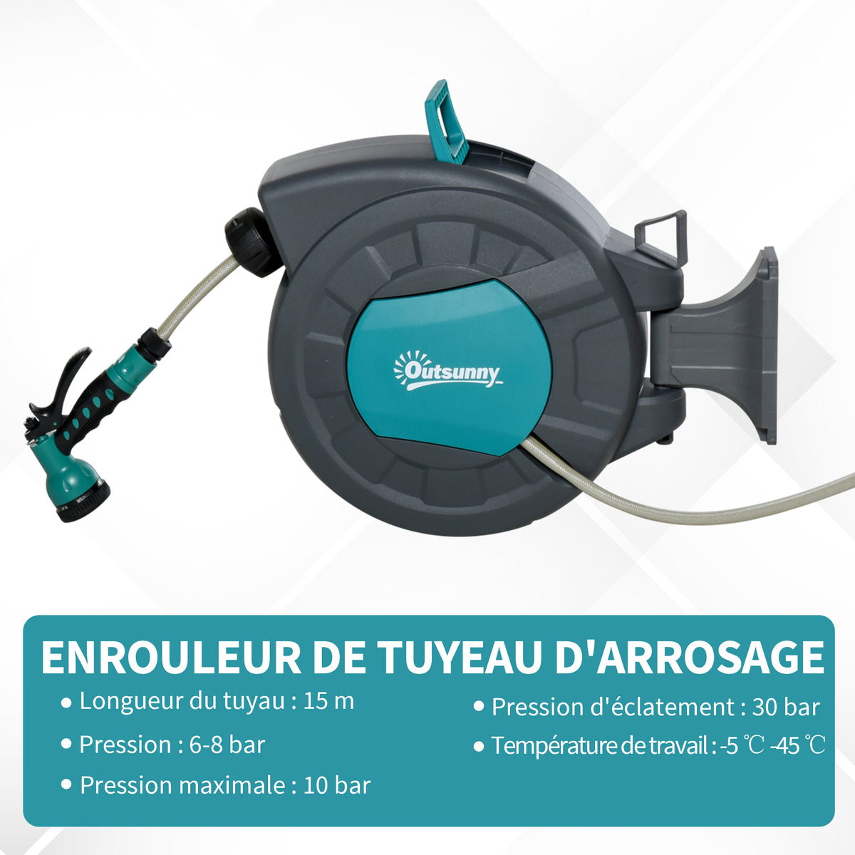 Enrouleur tuyau arrosage automatique pivotant 180° Tuyau 15 + 1,4 m avec Lance arrosage Support Mural intégré Turquoise Gris