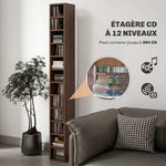 Opbergmeubel voor cd's en dvd's, kolomkast, opbergkast met 12 vakken, max. capaciteit 204 cd's, 21 x 20 x 175 cm, bruin