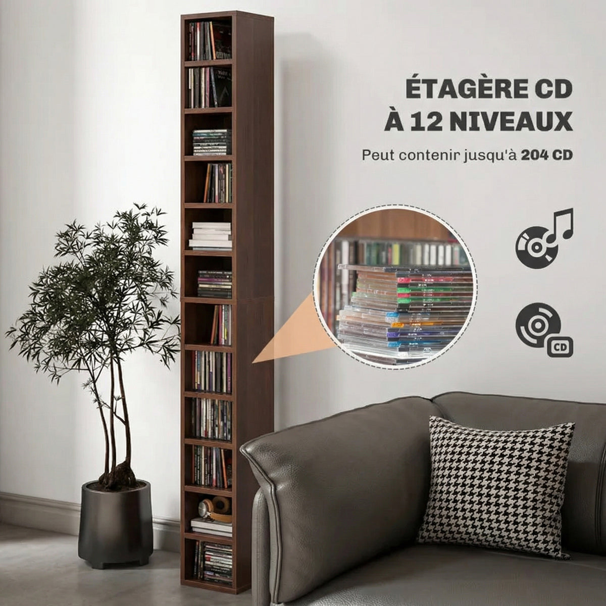 Opbergmeubel voor cd's en dvd's, kolomkast, opbergkast met 12 vakken, max. capaciteit 204 cd's, 21 x 20 x 175 cm, bruin