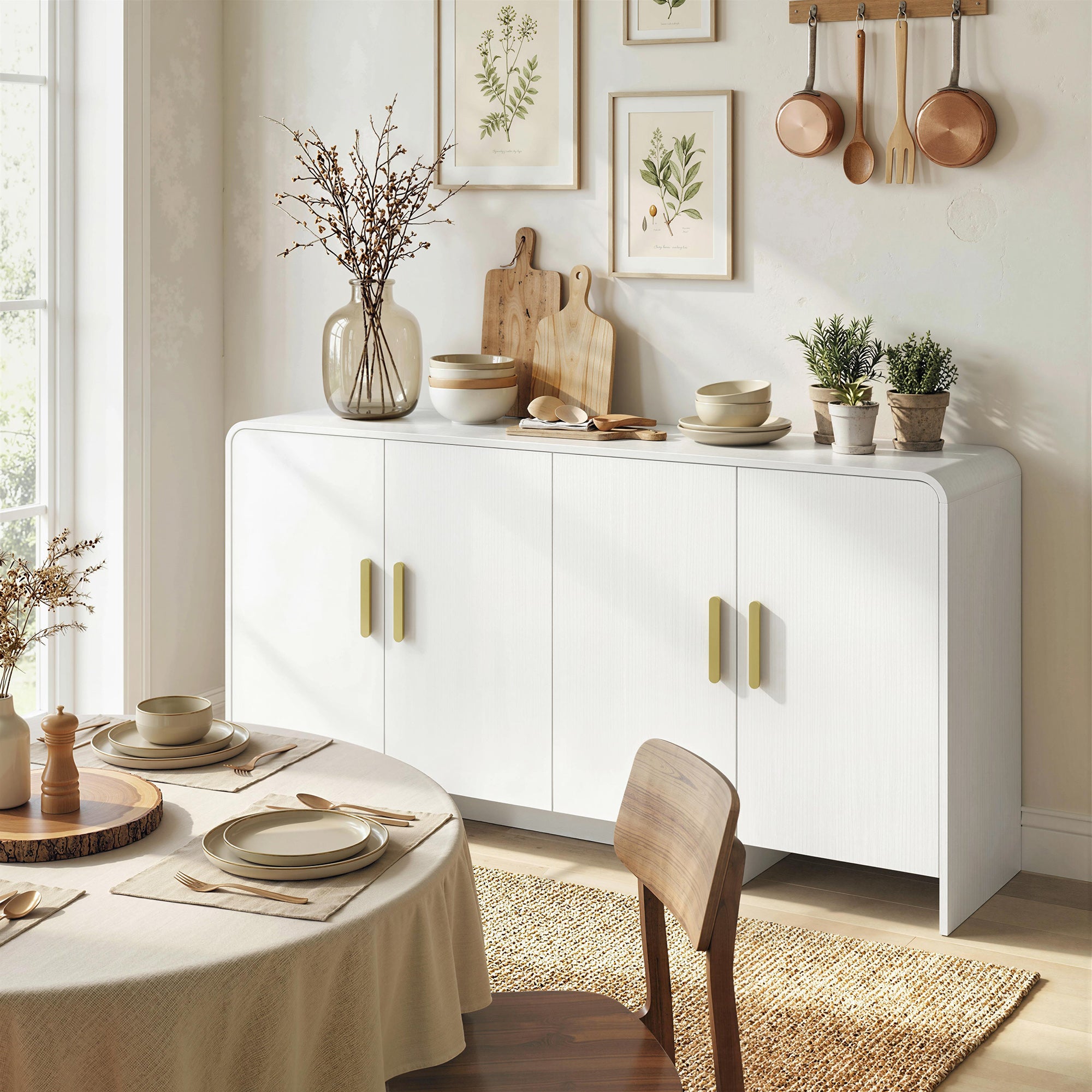 Küchenbuffet, Aufbewahrungsschrank mit 4 Soft-Close-Türen, 4 Fächern und abgerundeten Kanten, 152x40x80cm, weiß