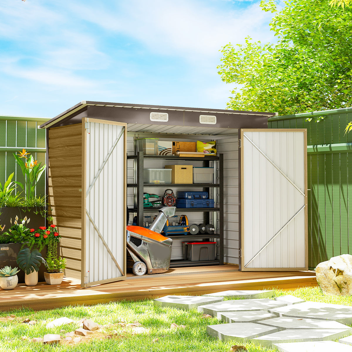 Abri de Jardin en Métal 3 m² Facile à Monter, Cabane de Jardin Structure en Acier Galvanisé Améliorée, Chêne