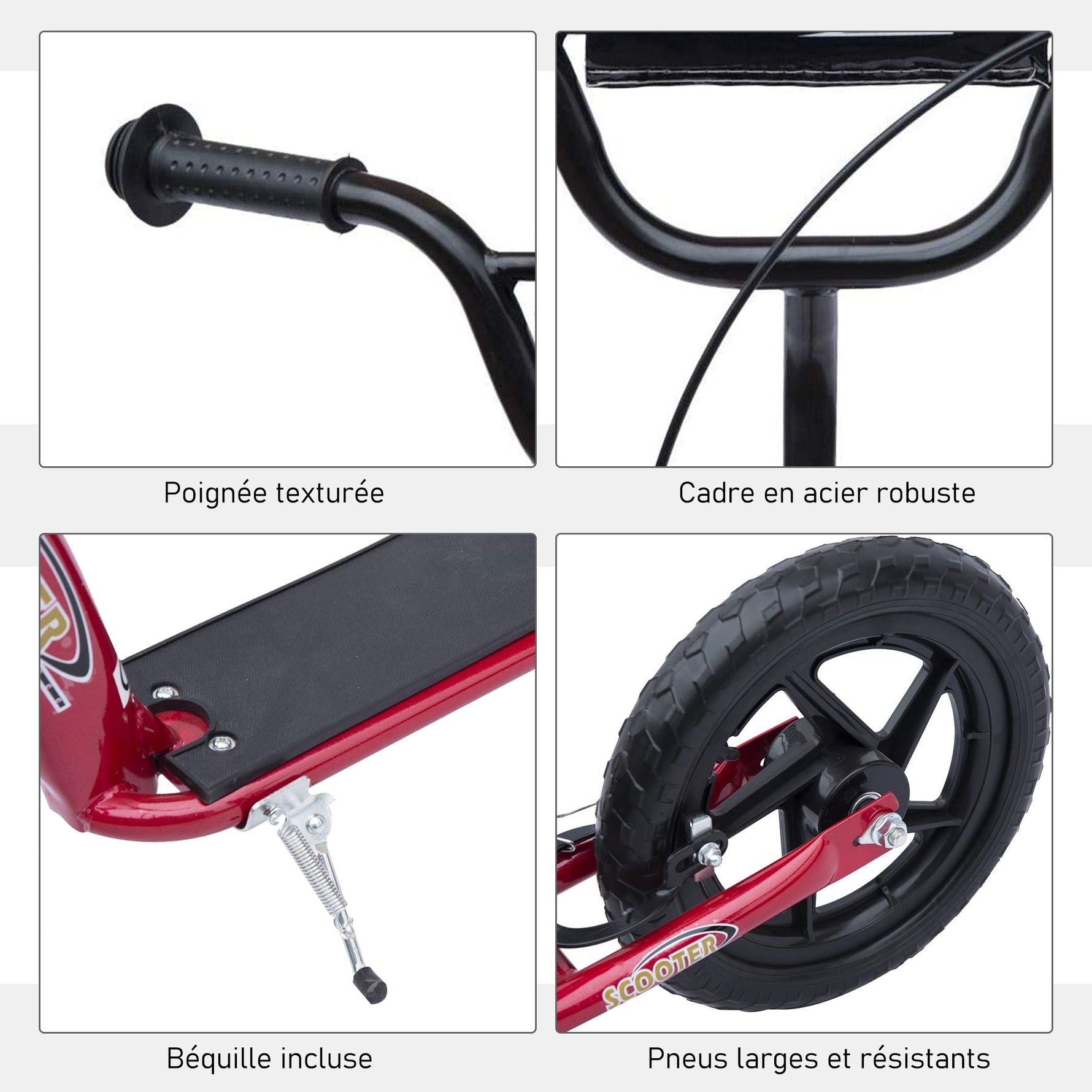 Trottinette enfant patinette pneus 30 cm Hauteur Guidon réglable poignée Frein et béquille Acier pour enfants à partir de 5 ans Rouge