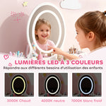Coiffeuse pour enfant 2 en 1 bureau enfant fille avec miroir à LED 3 couleurs et tabouret 60x30x99,3 cm blanc